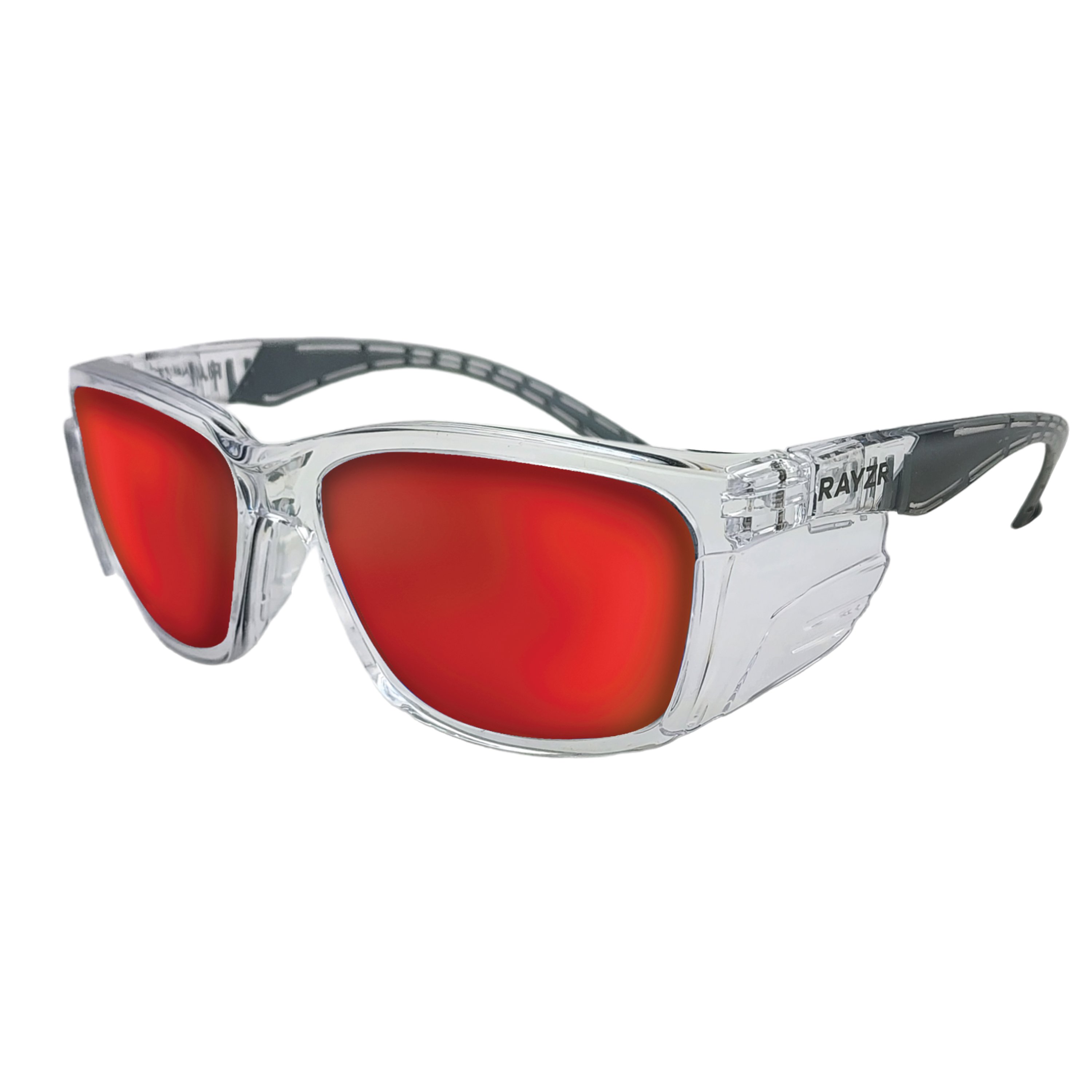 Rayzr Safety Glasses - Clear Frame - Red Mirror Polarised