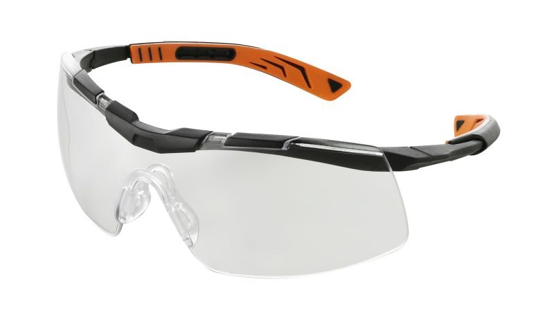 5X6 Safety Glasses, Black/orange frame, Clear Lens