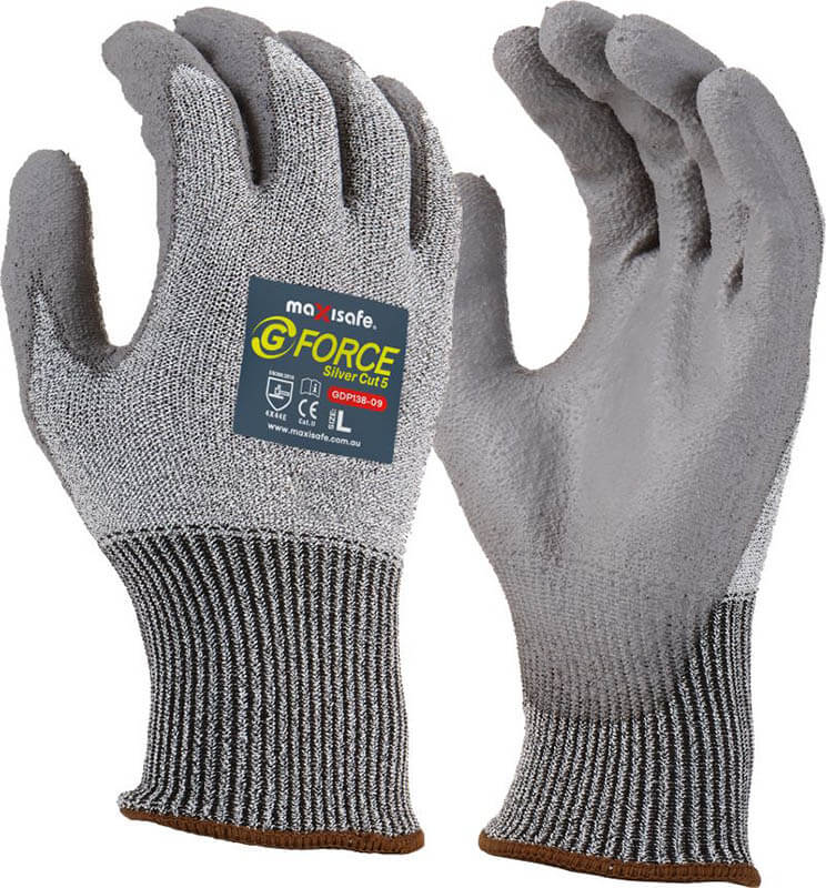 G-Force Silver cut 5 glove, PU coated palm glove - Retail Carded