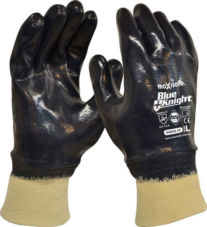 Blue Knight Nitrile Fully Dipped Gloves with Knit Wrist - Retail Carded