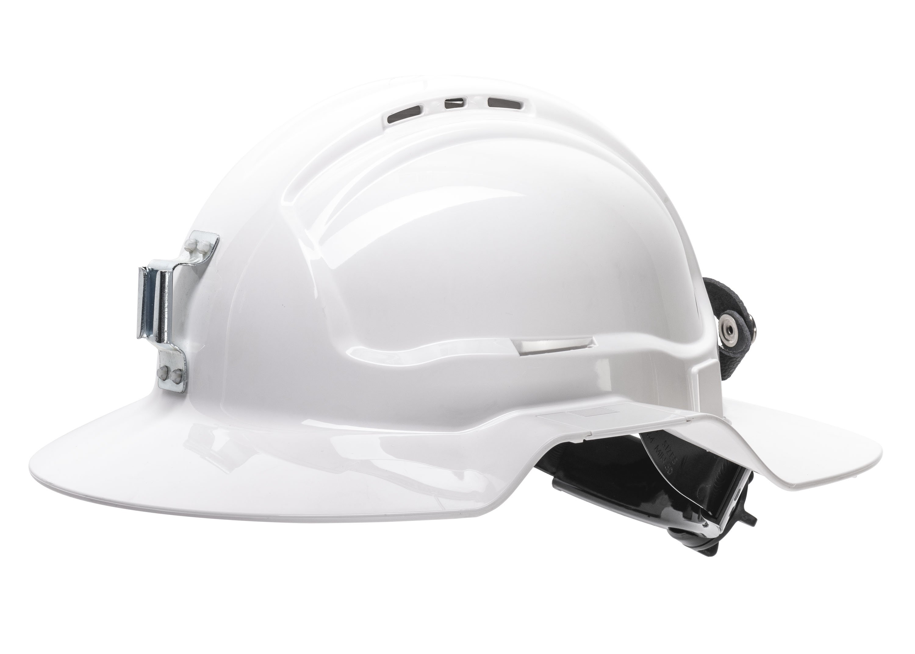 White Broadbrim hard hat w/ metal miners bracket