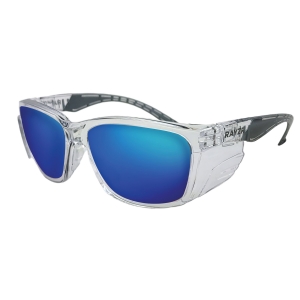Rayzr Safety Glasses - Clear Frame - Blue Mirror Polarised