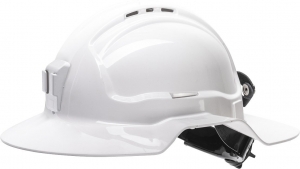 White Broadbrim hard hat with plastic miners bracket