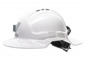 White Broadbrim hard hat with metal miners bracket - Made in Australia